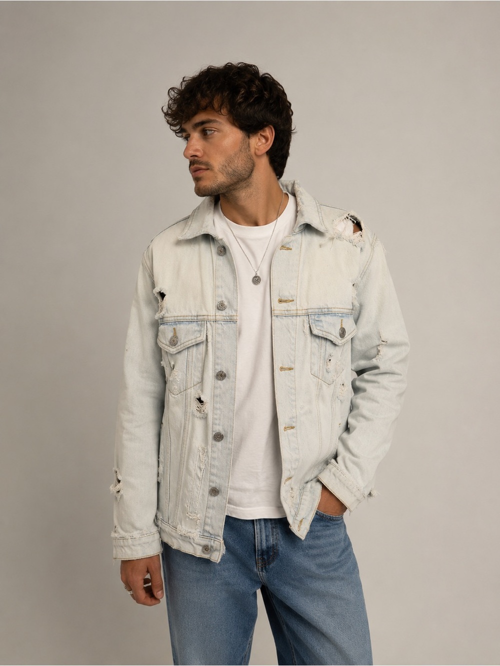 Zara Pale Distressed Washed Denim Jacket in Light Blue